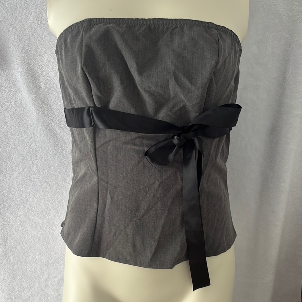 Gray Strapless‎ Corset Top with Black Ribbon Tie Sexy Party Club